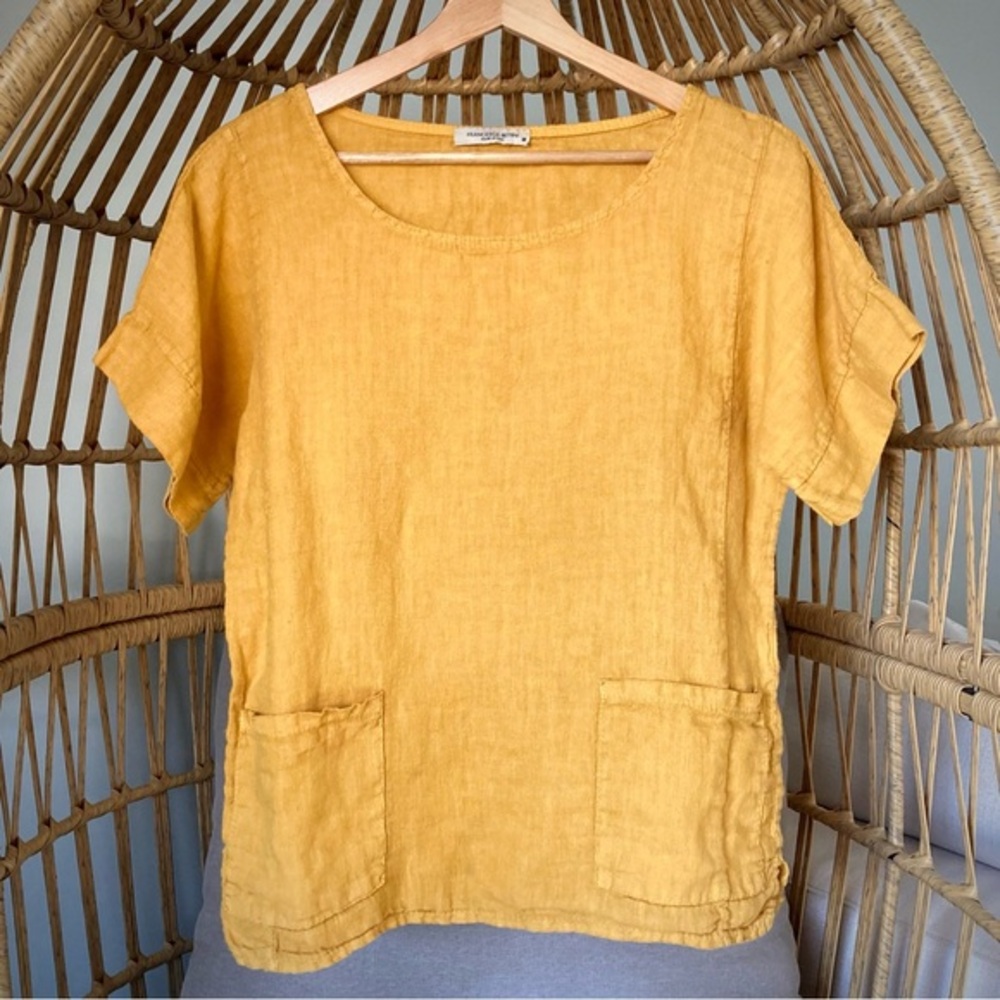 Francesca Bettini Italian Linen Top Mustard Yellow Pocket Tee Made in Italy M
